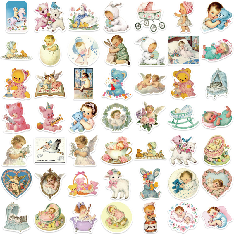Baby Nursery Vintage - 50 autocollants vintage pour bébé, mignons,